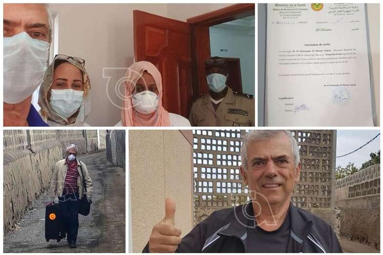 Francisco Yedra, en la residencia donde estuvo confinado, el certificado de salida y a su llegada a su domicilio en Telde (Foto TA)